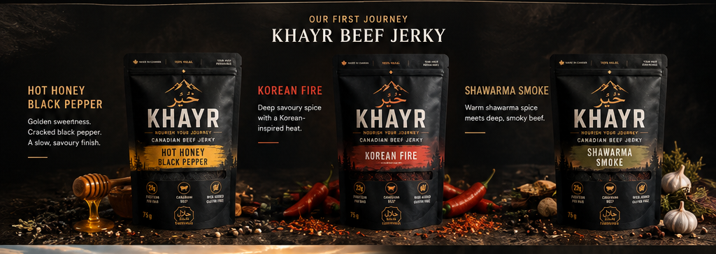 KHAYR Beef Jerky — Hot Honey Black Pepper, Korean Fire, and Shawarma Smoke